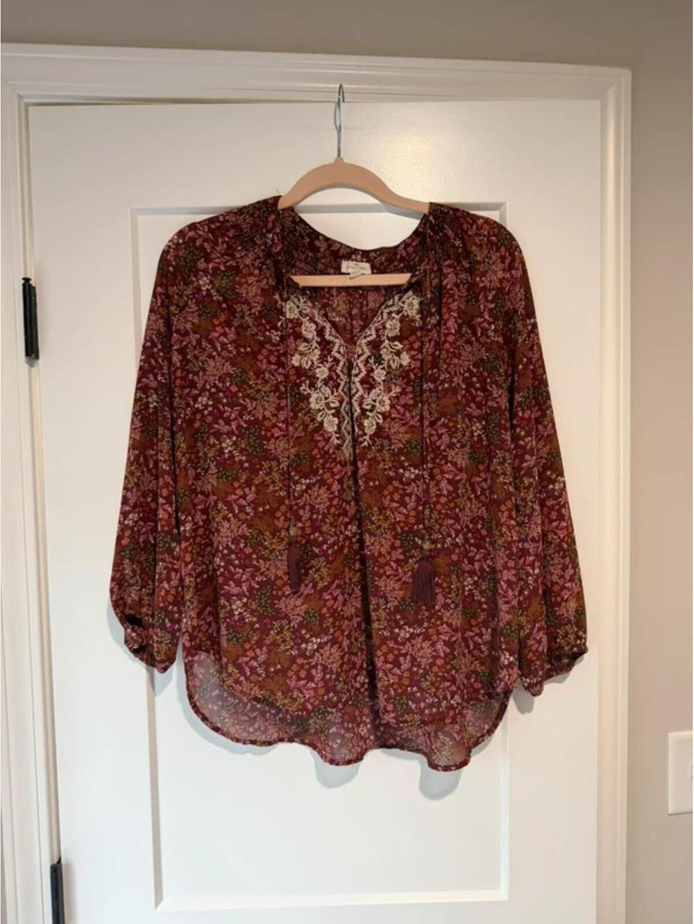 Boho Floral Peasant Blouse XL Burgundy Embroidered Tassel Sheer Top